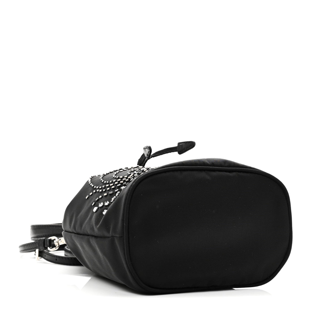 Tessuto Saffiano Ricamo Sequin Crystal Embellished Mini Re-Edition 1978 Bucket Bag Black