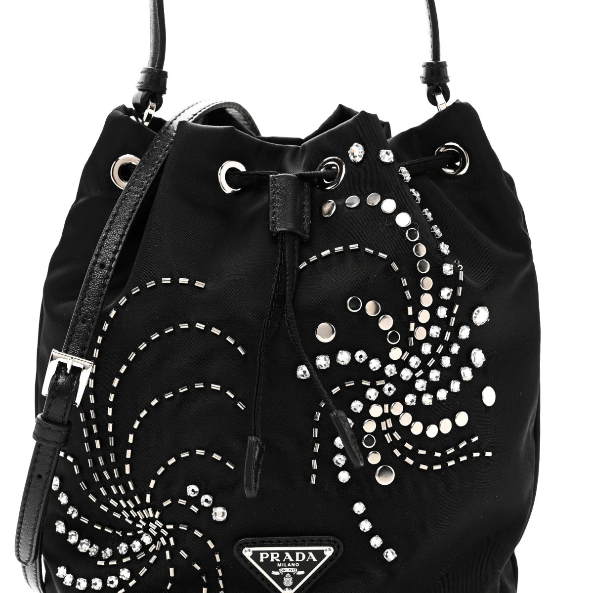 Tessuto Saffiano Ricamo Sequin Crystal Embellished Mini Re-Edition 1978 Bucket Bag Black