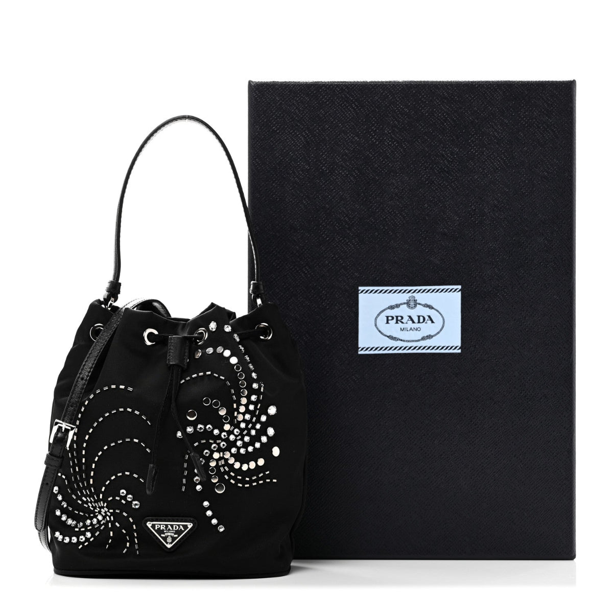 Tessuto Saffiano Ricamo Sequin Crystal Embellished Mini Re-Edition 1978 Bucket Bag Black