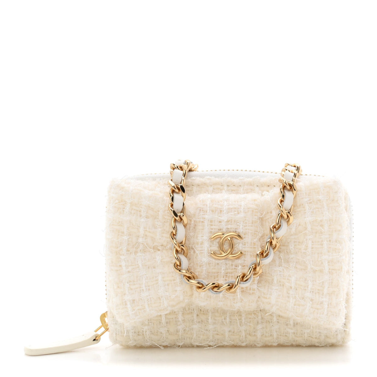 Tweed Quilted Bow Flap Card Holder On Chain White
