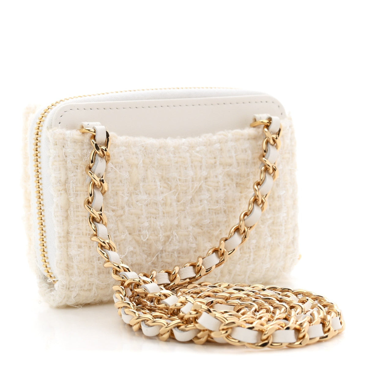 Tweed Quilted Bow Flap Card Holder On Chain White