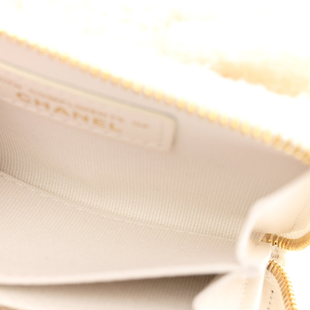 Tweed Quilted Bow Flap Card Holder On Chain White