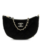 Velvet Crystal Quilted Chain Hobo Black