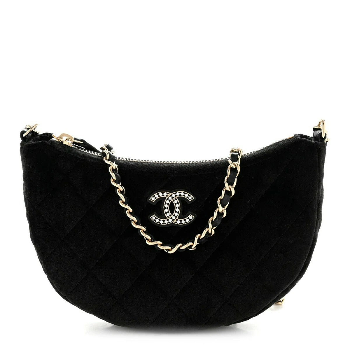 Velvet Crystal Quilted Chain Hobo Black