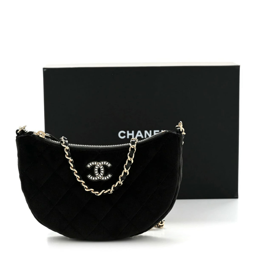 Velvet Crystal Quilted Chain Hobo Black