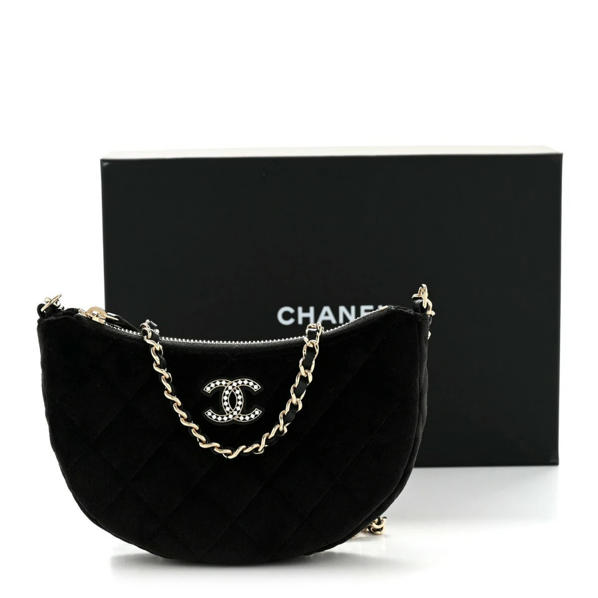 Velvet Crystal Quilted Chain Hobo Black