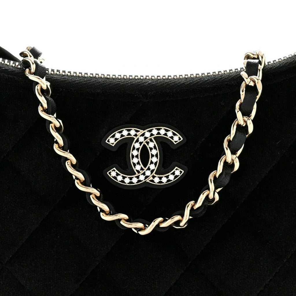 Velvet Crystal Quilted Chain Hobo Black