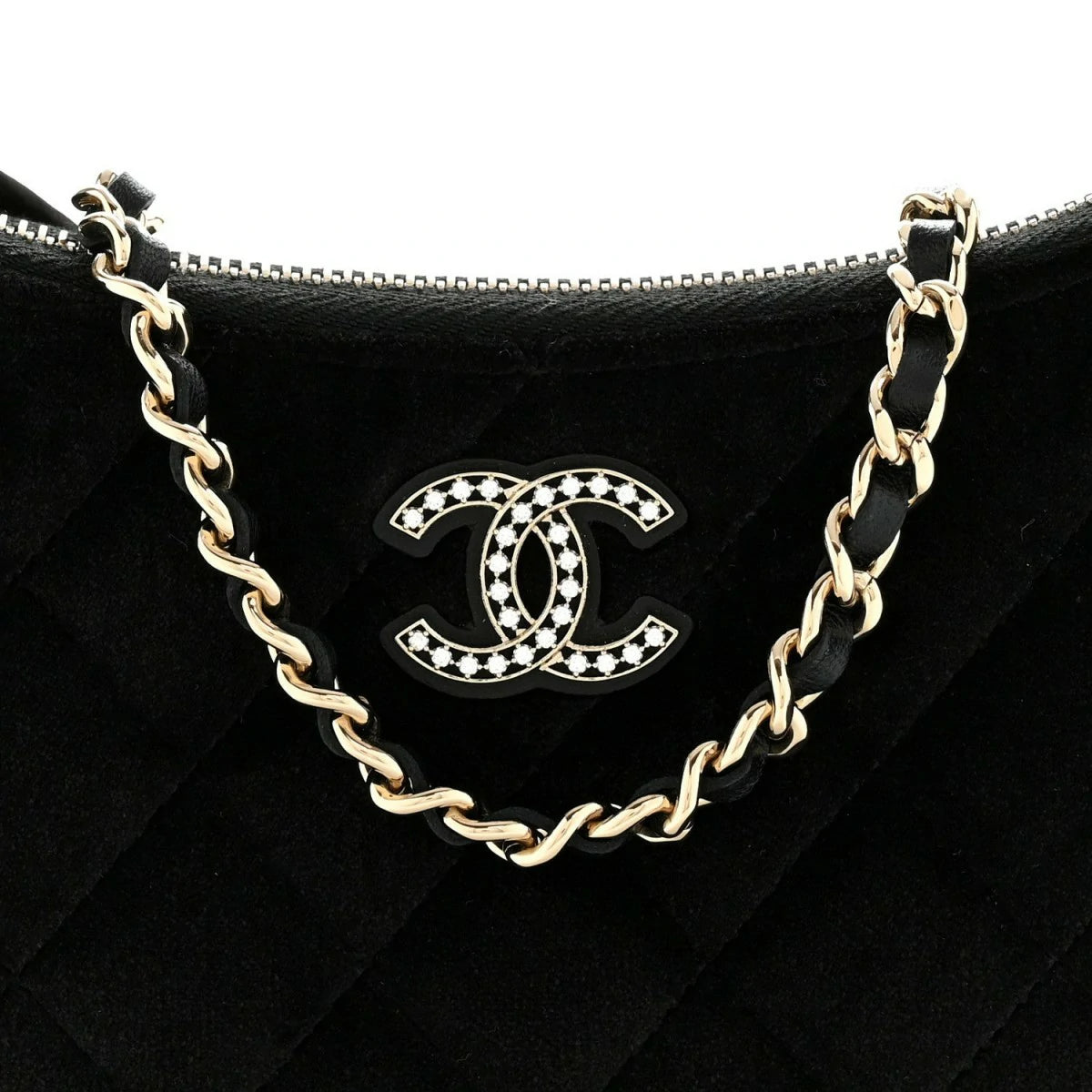 Velvet Crystal Quilted Chain Hobo Black