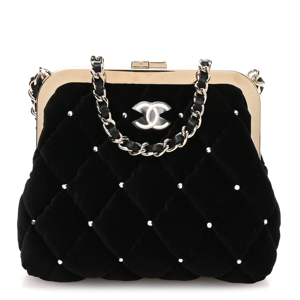 Velvet Diamante Quilted Kiss Lock Clutch Black