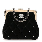 Velvet Diamante Quilted Kiss Lock Clutch Black