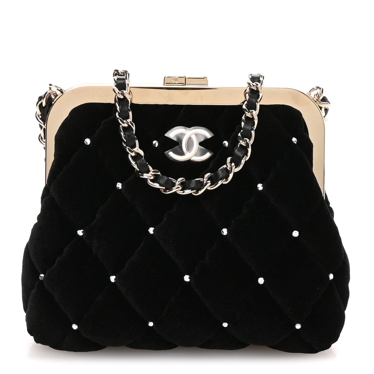 Velvet Diamante Quilted Kiss Lock Clutch Black