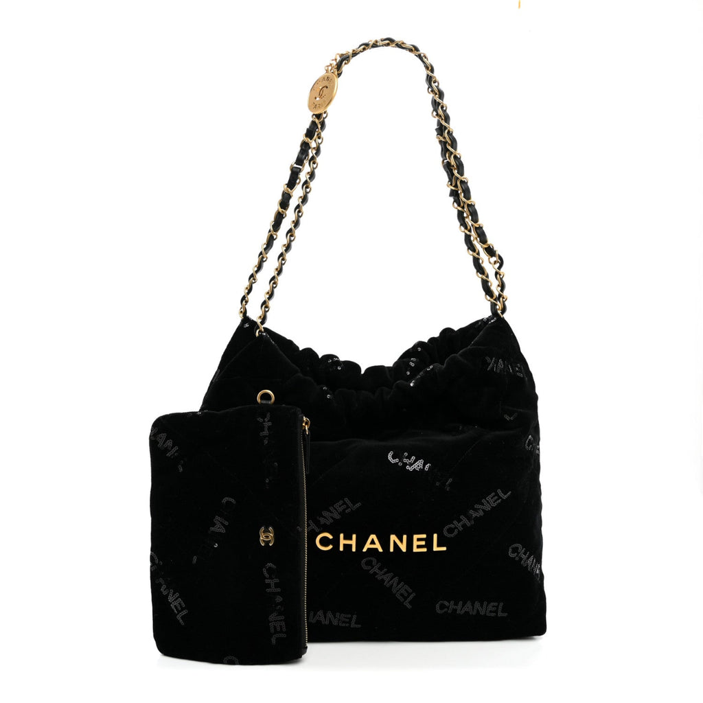 Velvet Sequin Quilted Small Chanel 22 Black