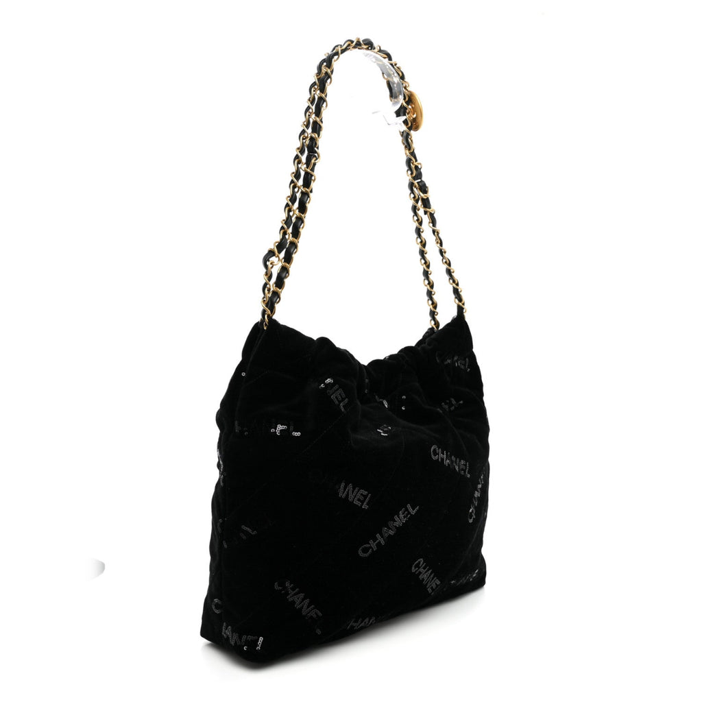 Velvet Sequin Quilted Small Chanel 22 Black