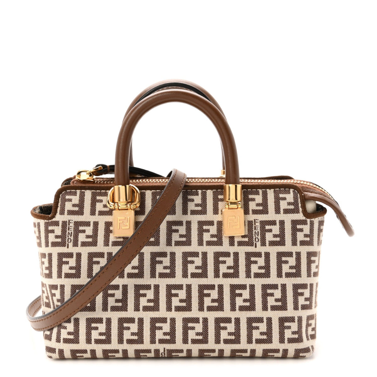 Vitello Grace Jacquard FF Mini By The Way Top Handle Boston Bag Gianduia Panna