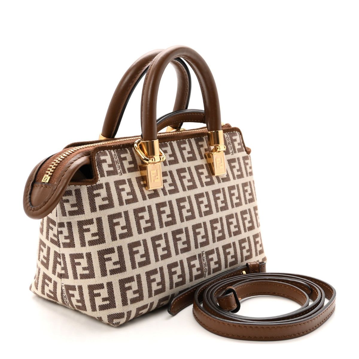 Vitello Grace Jacquard FF Mini By The Way Top Handle Boston Bag Gianduia Panna