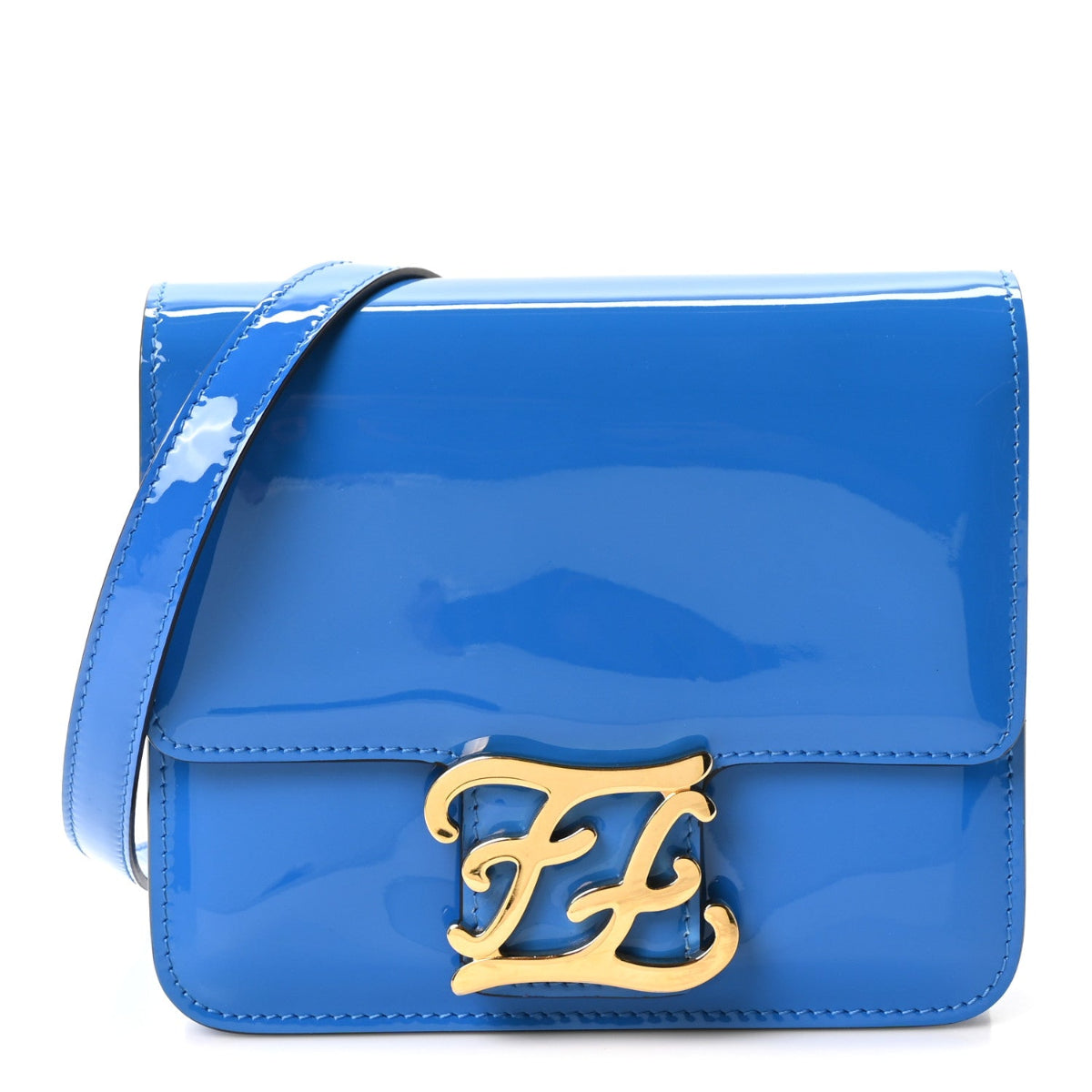 Vitello Vernice Mou Karligraphy Crossbody Bag Bluette