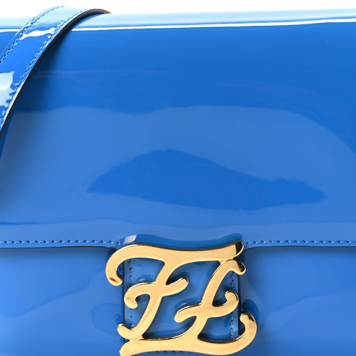 Vitello Vernice Mou Karligraphy Crossbody Bag Bluette