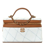 Washed Denim Calfskin Quilted Top Handle Slim Vanity Case With Chain Blue Brown