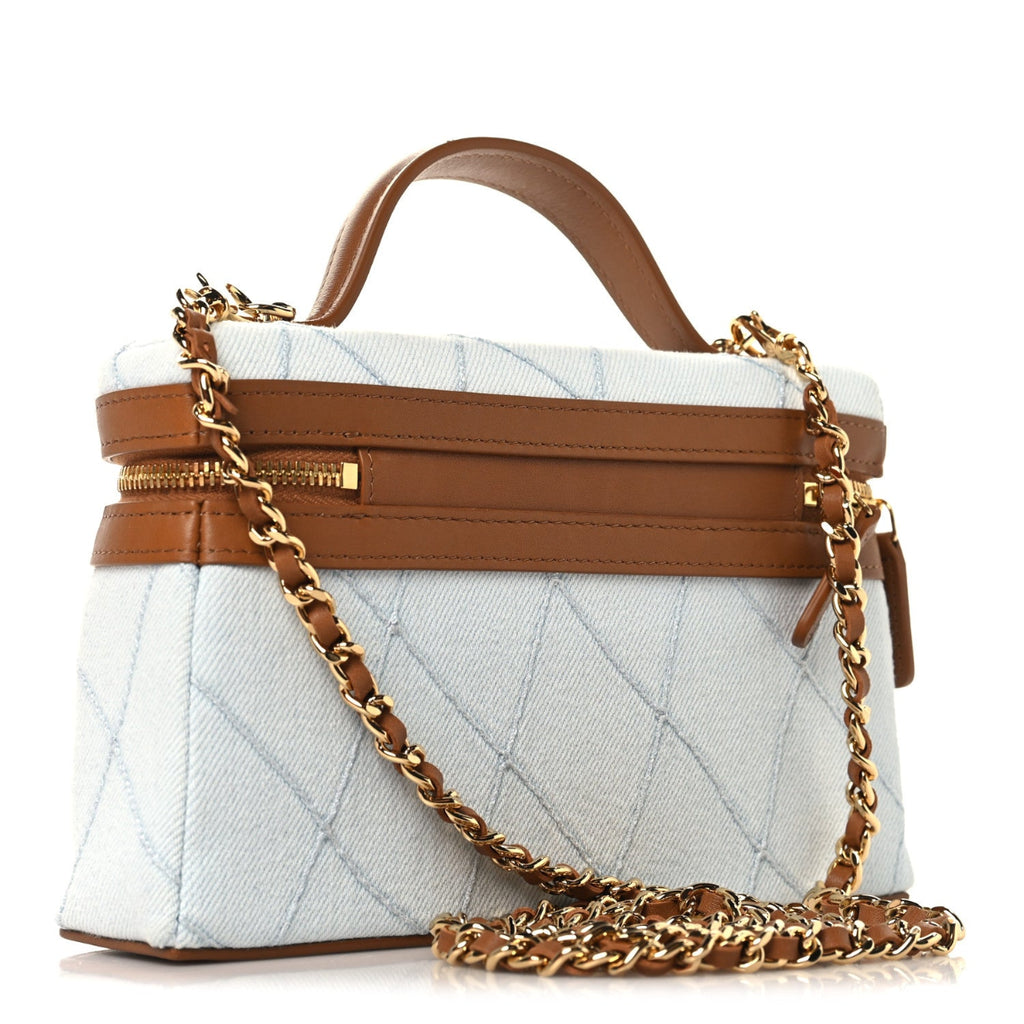 Washed Denim Calfskin Quilted Top Handle Slim Vanity Case With Chain Blue Brown