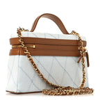 Washed Denim Calfskin Quilted Top Handle Slim Vanity Case With Chain Blue Brown