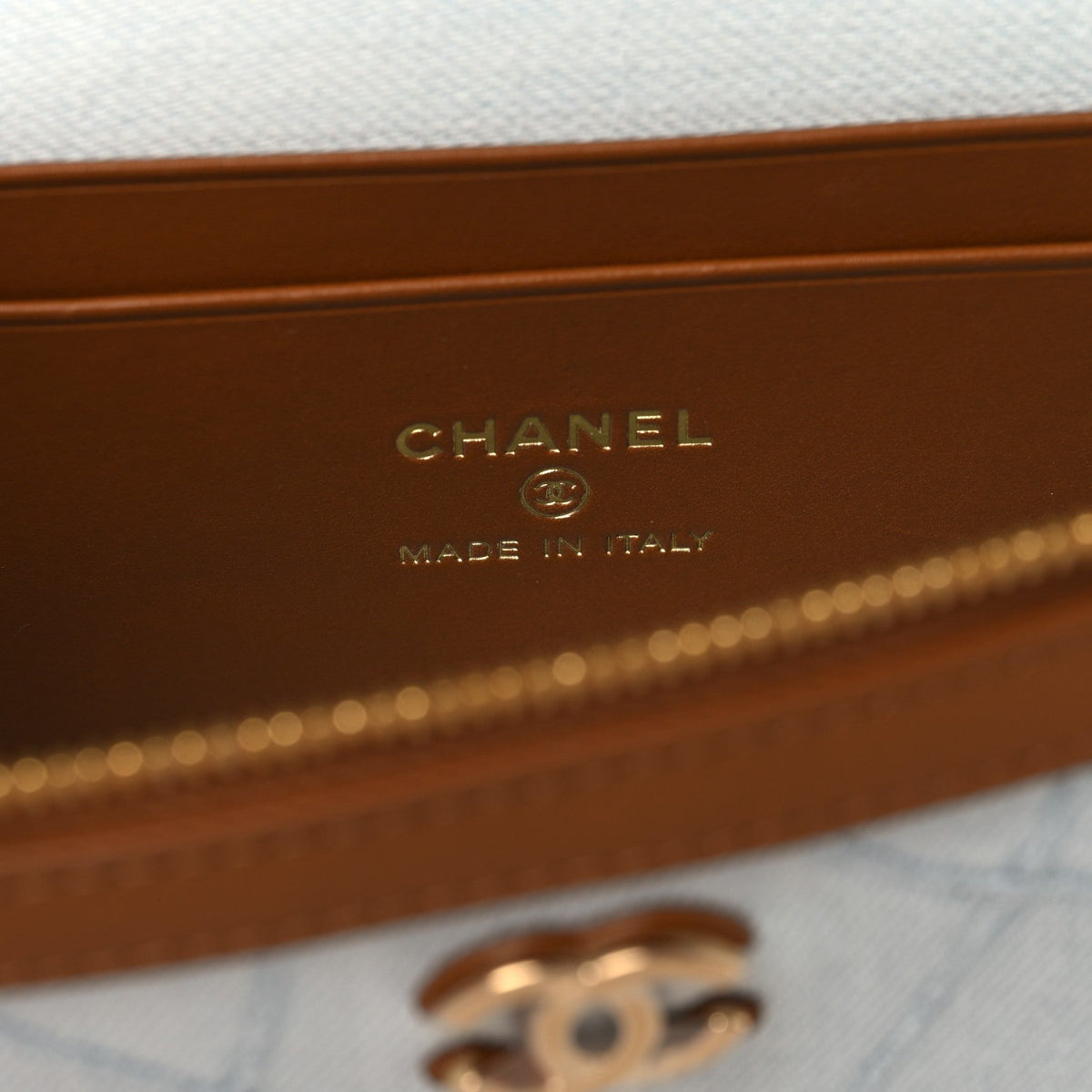 Washed Denim Calfskin Quilted Top Handle Slim Vanity Case With Chain Blue Brown