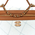 Washed Denim Calfskin Quilted Top Handle Slim Vanity Case With Chain Blue Brown
