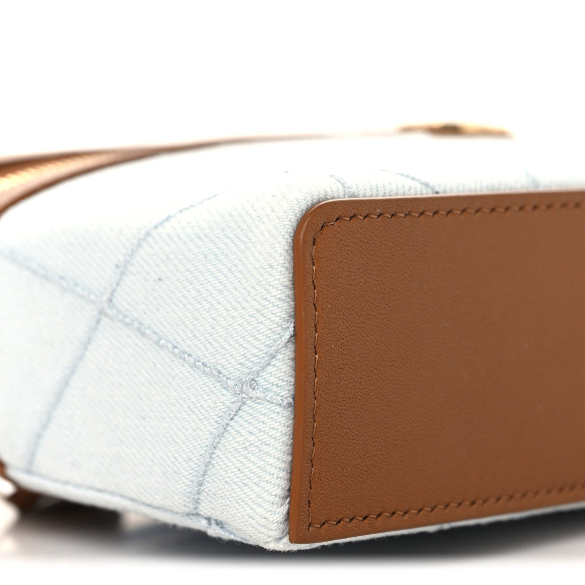 Washed Denim Calfskin Quilted Top Handle Slim Vanity Case With Chain Blue Brown