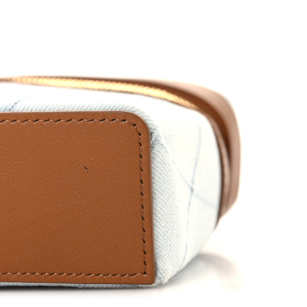 Washed Denim Calfskin Quilted Top Handle Slim Vanity Case With Chain Blue Brown