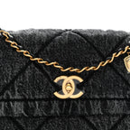 Washed Denim Quilted Large Flap Bag Black