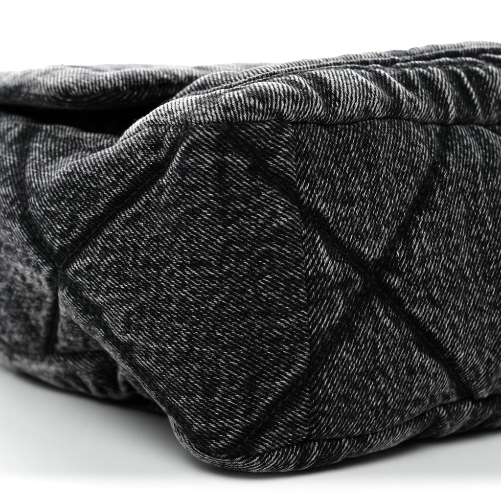Washed Denim Quilted Large Flap Bag Black