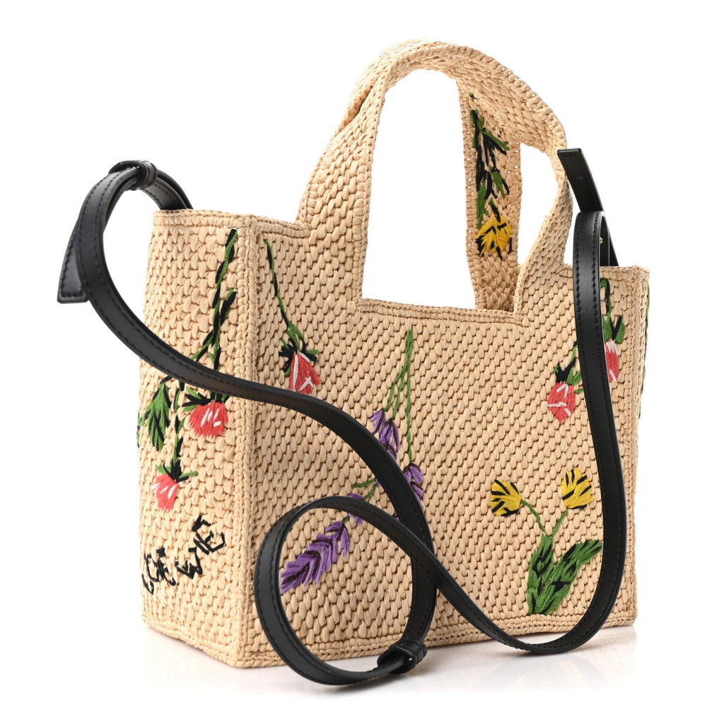 X PAULA'S IBIZA Raffia Floral Embroidered Small Font Tote Natural Tan Multicolor