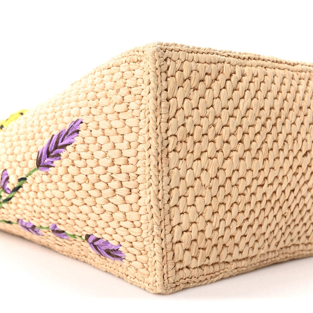 X PAULA'S IBIZA Raffia Floral Embroidered Small Font Tote Natural Tan Multicolor